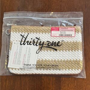 Thirty-One Beige and White Striped Clutch